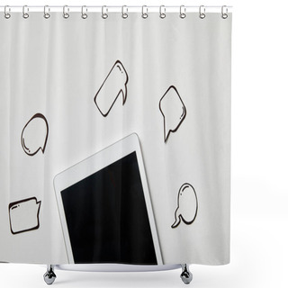 Personality  Digital Tablet With Paper Thought And Speech Bubbles On White Surface Shower Curtains