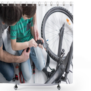 Personality  Father And Son Repairing Bicycle Tire Shower Curtains