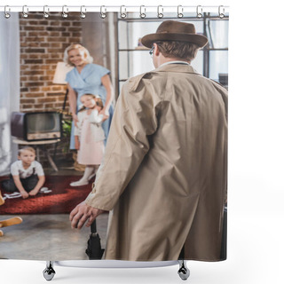 Personality  Back View Of Father Coming Home And Looking At Happy Family, 1950s Style  Shower Curtains
