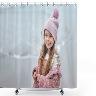 Personality  Happy Girl Child On Beach, Portrait On Winter Holiday With Pink Beanie And Kid Smile On The Dublin Seaside. Outdoor Freedom On Ocean Break, Cute Toddler Relaxing By The Water And Coastal Peace. Shower Curtains