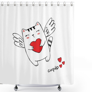 Personality  Funny Little Cat Cupid With Heart. Illustration Of A Valentine's Day. Cat Angel With Wings. Vector Illustration In A Cartoon Style. Isolated On White Background Shower Curtains