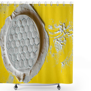 Personality  Food Background Meal And Dough In The Form For Cooking Dumplings With Meat On A Yellow Table Top View Of Copy Space. Shower Curtains