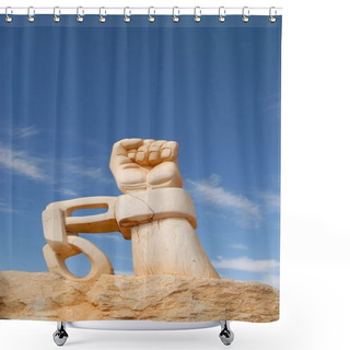Personality  Stone Hand Chained To A Rock Under The Azure Sky Shower Curtains