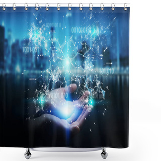 Personality  Businesswoman On Blurred Background Using Digital Binary Code Connection Network 3D Rendering Shower Curtains