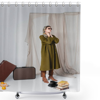 Personality  Elegant Woman In Sunglasses Standing By Suitcases And Vintage Phone Near Books On Grey Draped Background Shower Curtains