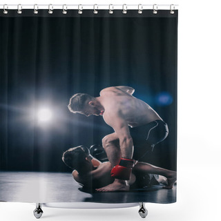 Personality  Shirtless Strong Mma Fighter In Boxing Gloves Standing Above Opponent And Punching Him In Head While Sportsman Lying On Floor Shower Curtains
