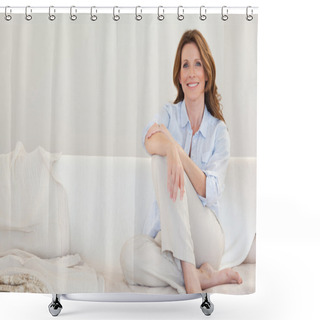 Personality  Smiling Mature Woman Sitting On Sofa Shower Curtains