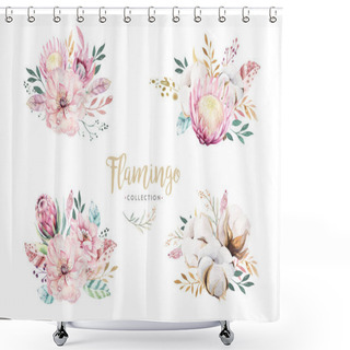Personality  Watercolor Boho Floral Wreath. Bohemian Natural Frame: Leaves, Feathers, Flowers, Isolated On White Background. Artistic Decoration Illustration. Save The Date, Weddign Design,valentines Day Shower Curtains