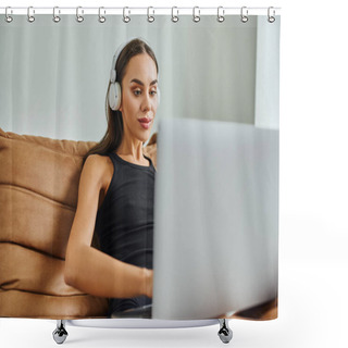 Personality  Pretty Woman In Wireless Headphones Using Laptop And Sitting On Bean Bag Chair, Remote Work Shower Curtains