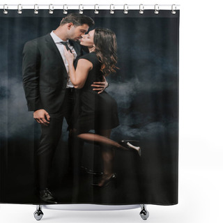 Personality  Profile Of Handsome Man In Suit Hugging Woman In Dress On Black With Smoke  Shower Curtains