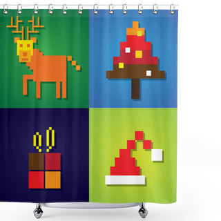 Personality  Abstract Pixel Icons Of Reindeer,christmas Tree, Santa Claus Hat Shower Curtains