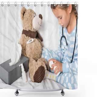 Personality  Girl Opening Pills Bottle While Playing With Teddy Bear In Bedroom Shower Curtains
