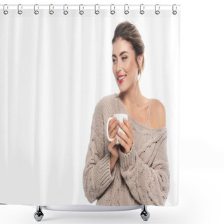 Personality  Joyful Woman In Stylish Knitted Sweater Holding Cup Of Tea Isolated On White Shower Curtains