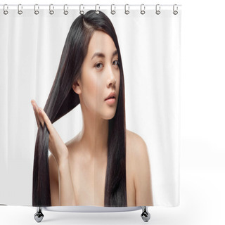 Personality  Portrait Of Attractive Asian Model With Strong And Healthy Hair Looking At Camera Isolated On White Shower Curtains