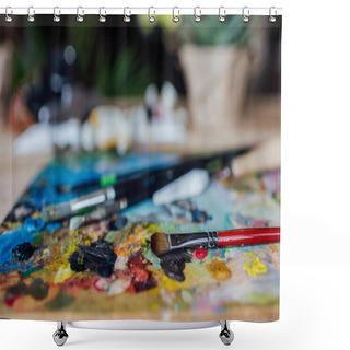 Personality  Palette Of Artist With Paint Brushes  Shower Curtains