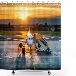 Personality  Airplane Near The Terminal In An Airport At The Sunset Shower Curtains