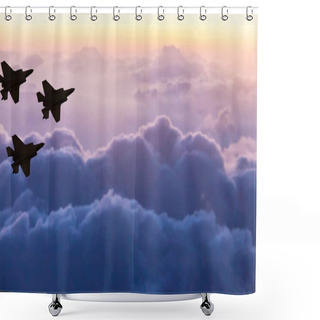Personality  Silhouettes Of Three F-35 Aircraft On Sunset Sky Background Shower Curtains