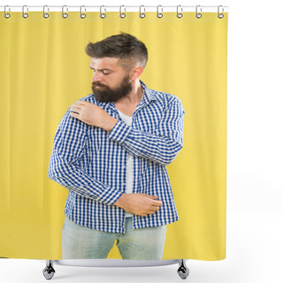 Personality  Perfectly Imperfect. Fashion Man Dusting Specks Off His Sleeve On Yellow Background. Bearded Man In Hipster Fashion Style. Trendy Hipster With Long Beard Wearing Casual Fashion Outfit. Fashion Trend Shower Curtains