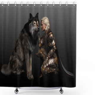 Personality  Fantasy Female Warrior In Armor With Dire Wolf Shower Curtains