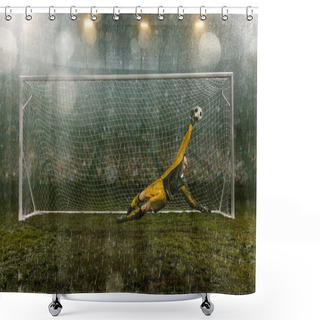 Personality  Dirty Goalkeeper In Flight Catch The Ball. Professional Night Rain Stadium With Football Goal. Grass In The Stadium Wet From The Rain Shower Curtains