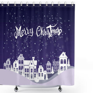 Personality  Vector With Merry Christmas Lettering Near Houses, Pines And Falling Snow On Blue Shower Curtains