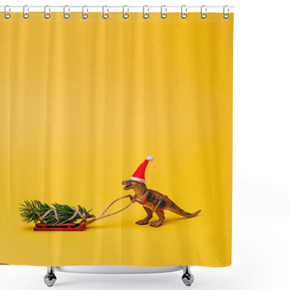 Personality  Toy Dinosaur In Santa Hat With Fir On Sleigh On Yellow Background Shower Curtains