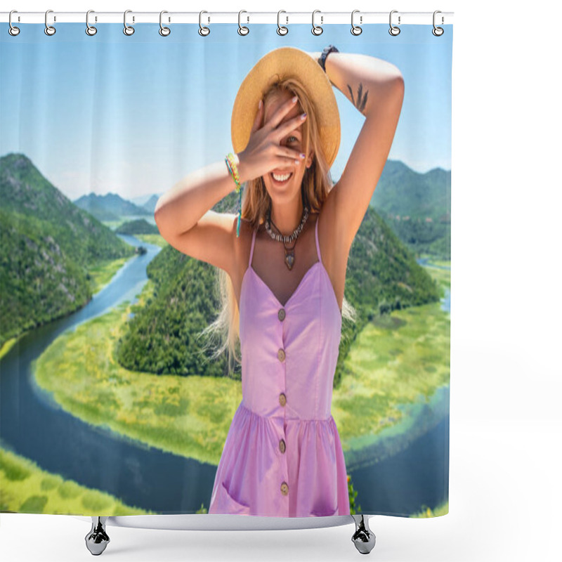 Personality  Woman In Pink Dress And Hat Looking At Camera Through Fingers Near Crnojevica River In Montenegro Shower Curtains