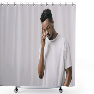 Personality  Sad African American Man Touching Temple Isolated On Grey  Shower Curtains