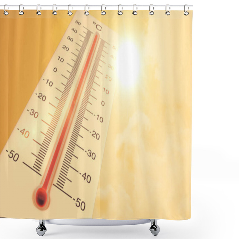 Personality  Global warming background with thermometer in summer weather shower curtains