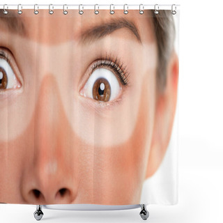 Personality  Sunburn Tan Lines Of Sunglasses, Red Painful Skin. Scared Asian Woman Shocked With Funny Expression Forgot To Put Sunscreen On Face On Summer Vacation. Suntan Skin Cancer Facial Care Concept Shower Curtains