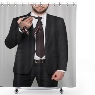 Personality  Young Businessman Holding Headphones In Hands Shower Curtains