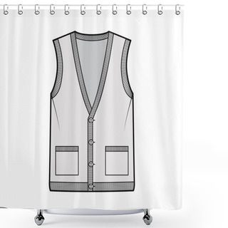 Personality  Cardigan Vest Sweater Waistcoat Technical Fashion Illustration With Sleeveless, Rib V-neckline, Button Closure, Pockets Shower Curtains