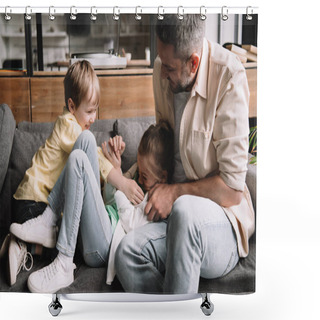 Personality  Happy Father With Cheerful Children Having Fun On Fathers Day On Sofa At Home  Shower Curtains