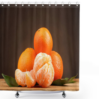 Personality  Tangerines With Leaves On Wooden Table On Brown Background Shower Curtains
