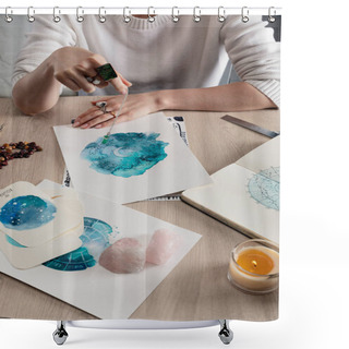 Personality  Cropped View Of Astrologer Holding Crystal On Chain Above Watercolor Paintings With Zodiac Signs On Cards On Table  Shower Curtains