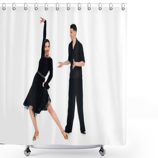 Personality  Elegant Young Couple Of Ballroom Dancers In Black Dress And Suit Dancing Isolated On White Shower Curtains
