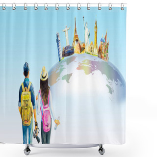 Personality  Man And Woman Photo Tourist. World Travel And Sights. Famous Landmarks Of The World Grouped Together. Watercolor Hand Drawn Painting Illustration On World Map In Blue Background. Copy Space, Isolated Shower Curtains