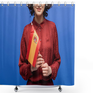 Personality  Cropped View Of Happy Language Teacher Smiling While Holding Flag Of Spain Isolated On Blue  Shower Curtains
