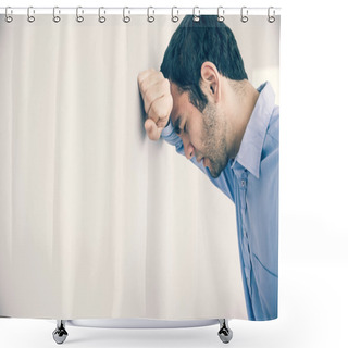 Personality  Depressed Man Leaning His Head Against A Wall Shower Curtains