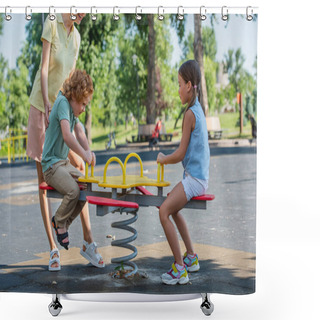 Personality  Happy Kids Riding Seesaw Near Mother In Park Shower Curtains