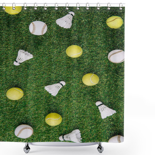 Personality  Top View Of Arrangement Of Badminton Shuttlecocks, Tennis And Baseball Balls On Green Lawn Shower Curtains