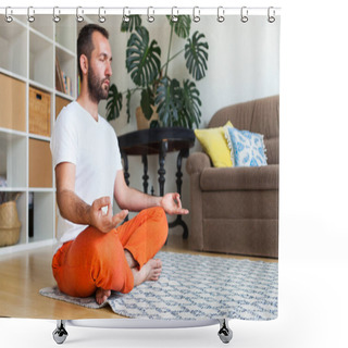 Personality  Man Practicing Yoga And Meditation At Home. A Series Of Yoga Pos Shower Curtains