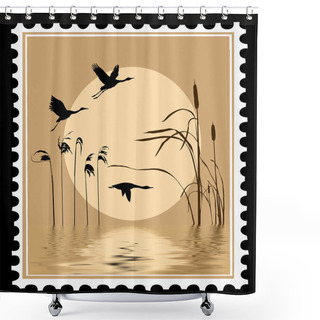 Personality  Vector Silhouette Flying Birds On Postage Stamps Shower Curtains