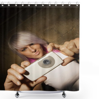 Personality  Woman With Digital Camera Shower Curtains