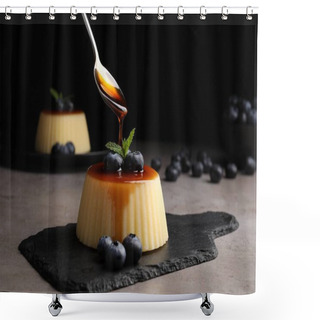 Personality  Pouring Caramel Onto Delicious Pudding With Blueberries And Mint On Grey Table Against Black Background Shower Curtains