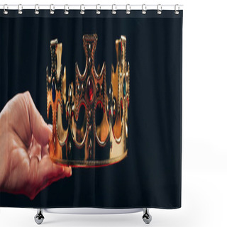 Personality  Cropped View Of Woman Holding Golden Crown With Gemstones, Isolated On Black, Panoramic Shot Shower Curtains