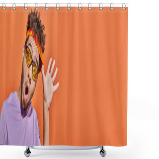 Personality  Banner, African American Man With Surprised Face Expression Adjusting Headband On Orange Background Shower Curtains