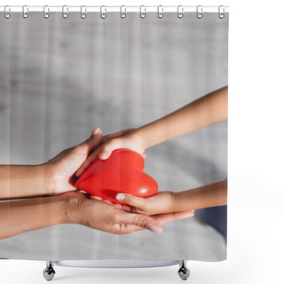 Personality  High Angle View Of Red Heart Model In Cupped Hands Of African American Mother And Child Shower Curtains