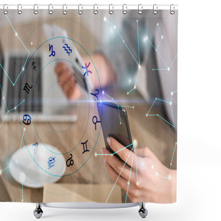 Personality  Selective Focus Of Astrologer Holding Smartphone And Cards With Zodiac Signs Near Constellations Shower Curtains