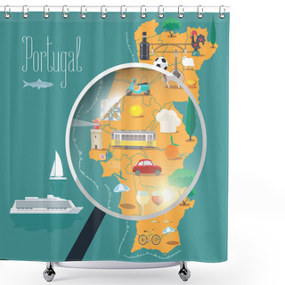 Personality  Map Of Portugal With Loupe Vector Illustration, Design. Icons With Portuguese  Landmarks, Culture, Barcelos And Food. Explore Portugal Banner Shower Curtains